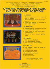 Box back cover for Slam Dunk: Super Pro Basketball on the Mattel Intellivision.