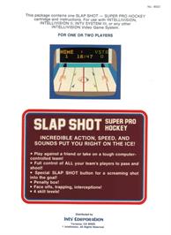 Box back cover for Slap Shot: Super Pro Hockey on the Mattel Intellivision.