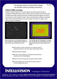 Box back cover for Space Hawk on the Mattel Intellivision.