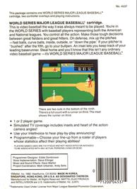 Box back cover for World Championship Baseball on the Mattel Intellivision.