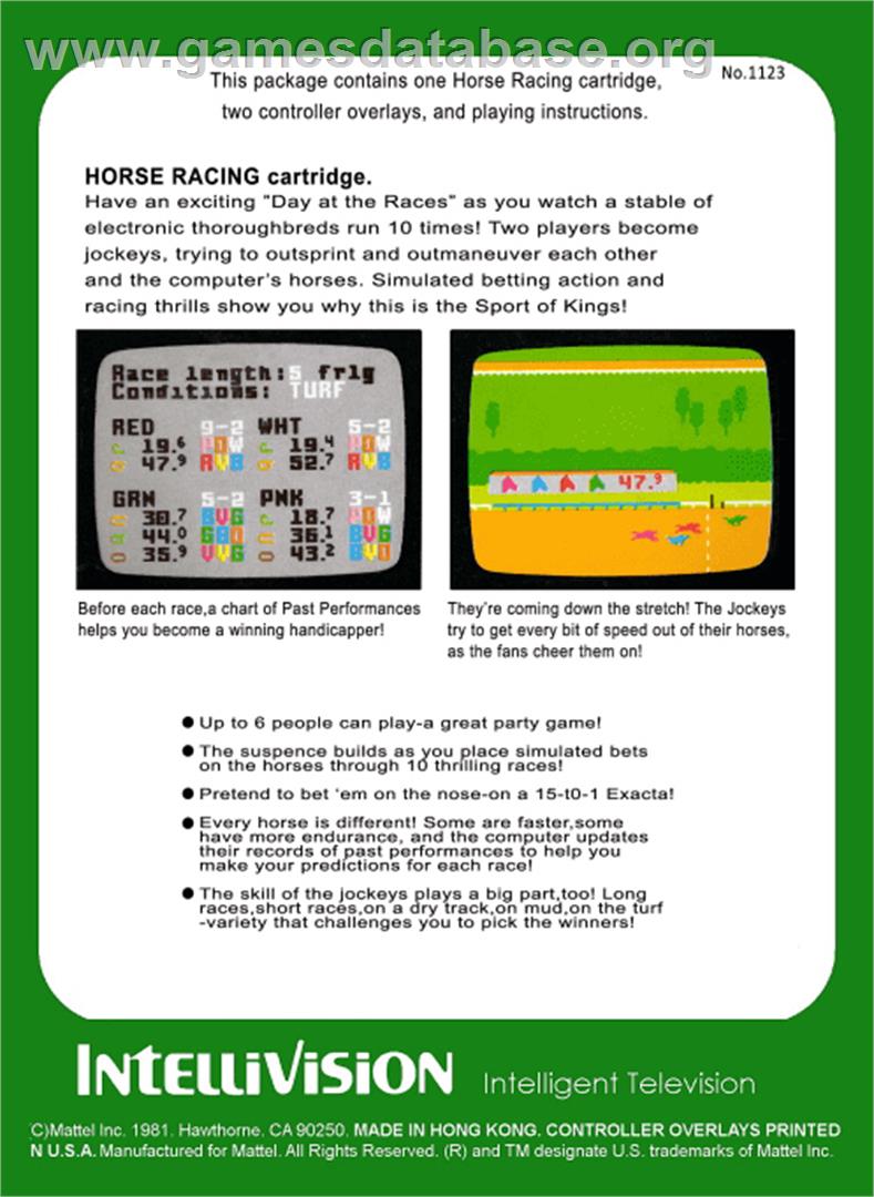 Horse Racing - Mattel Intellivision - Artwork - Box Back