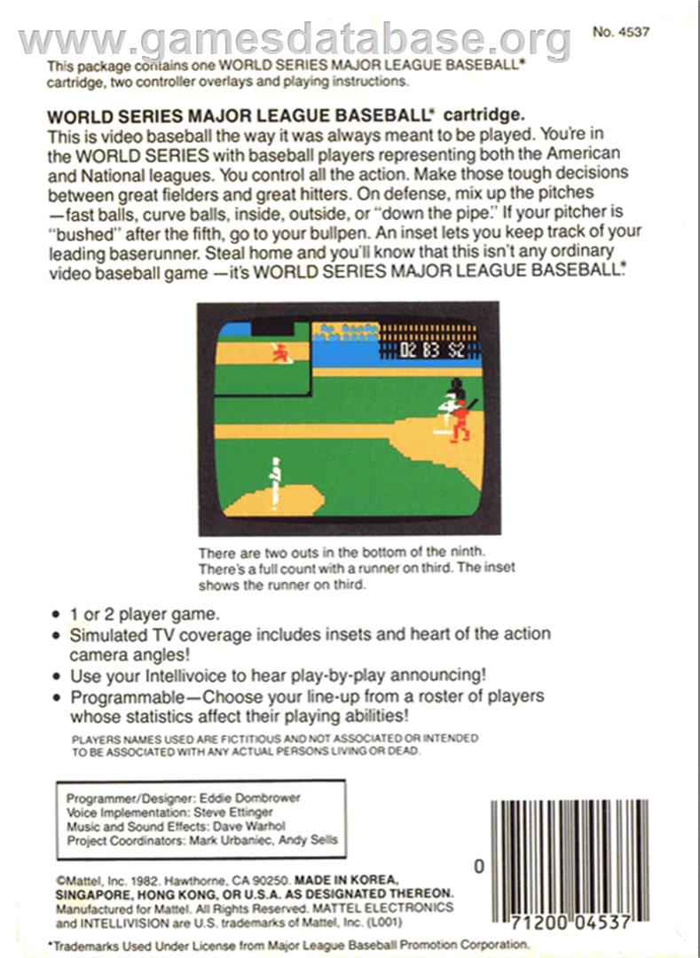 Intellivision World Series Major League Baseball - Mattel Intellivision - Artwork - Box Back