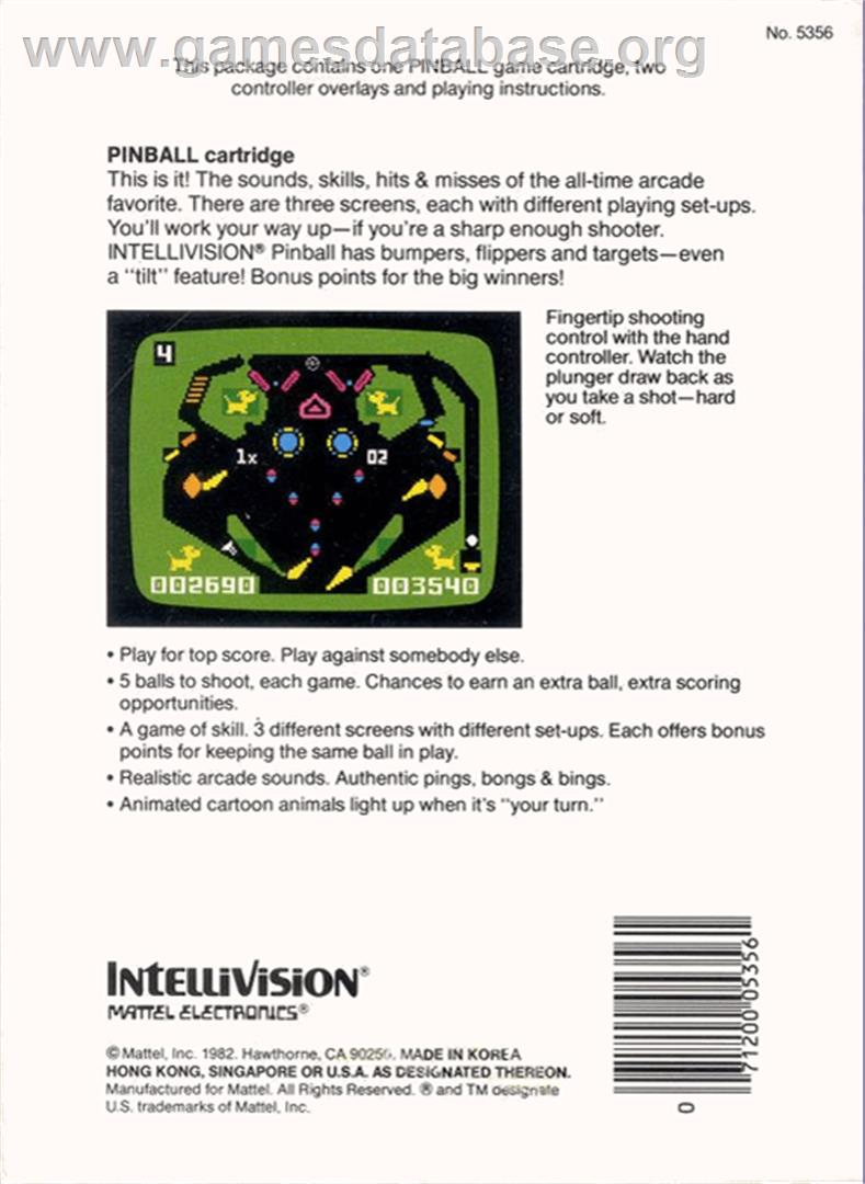 Pinball - Mattel Intellivision - Artwork - Box Back