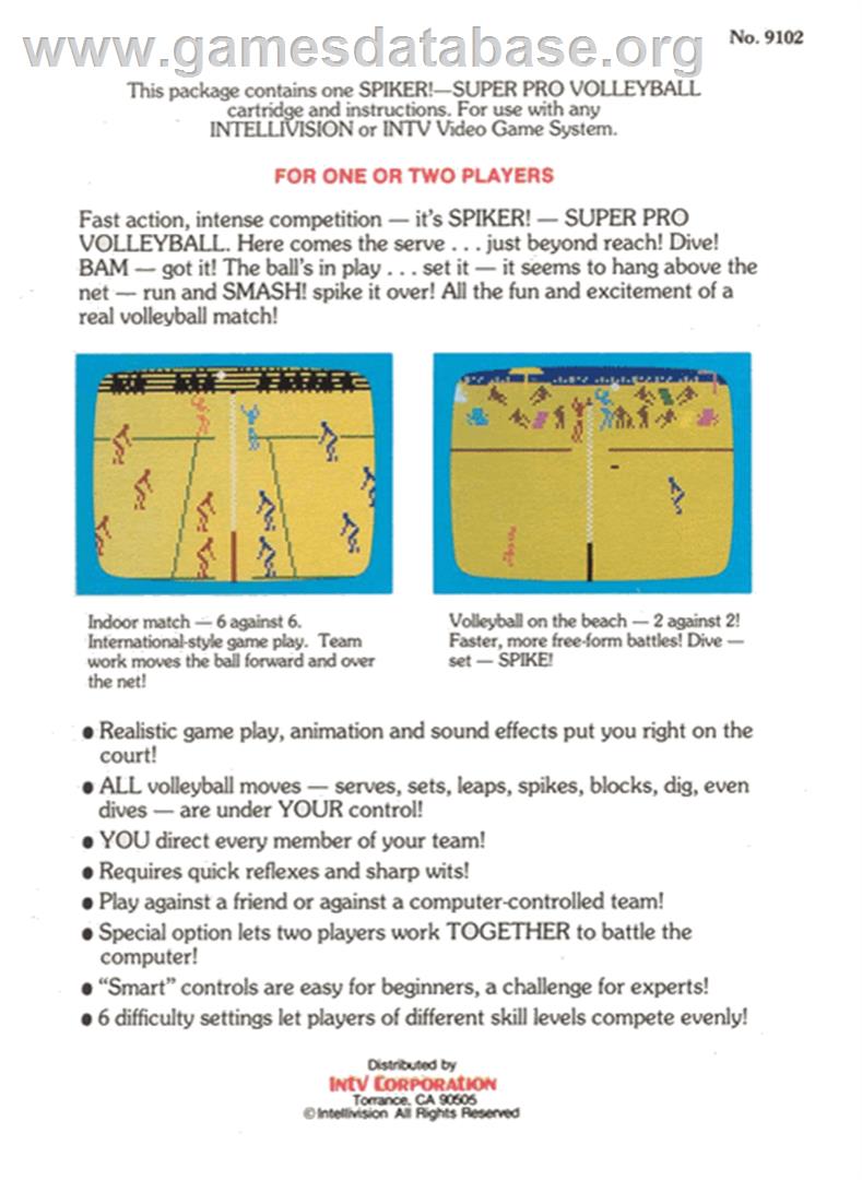 Spiker - Super Pro Volleyball - Mattel Intellivision - Artwork - Box Back