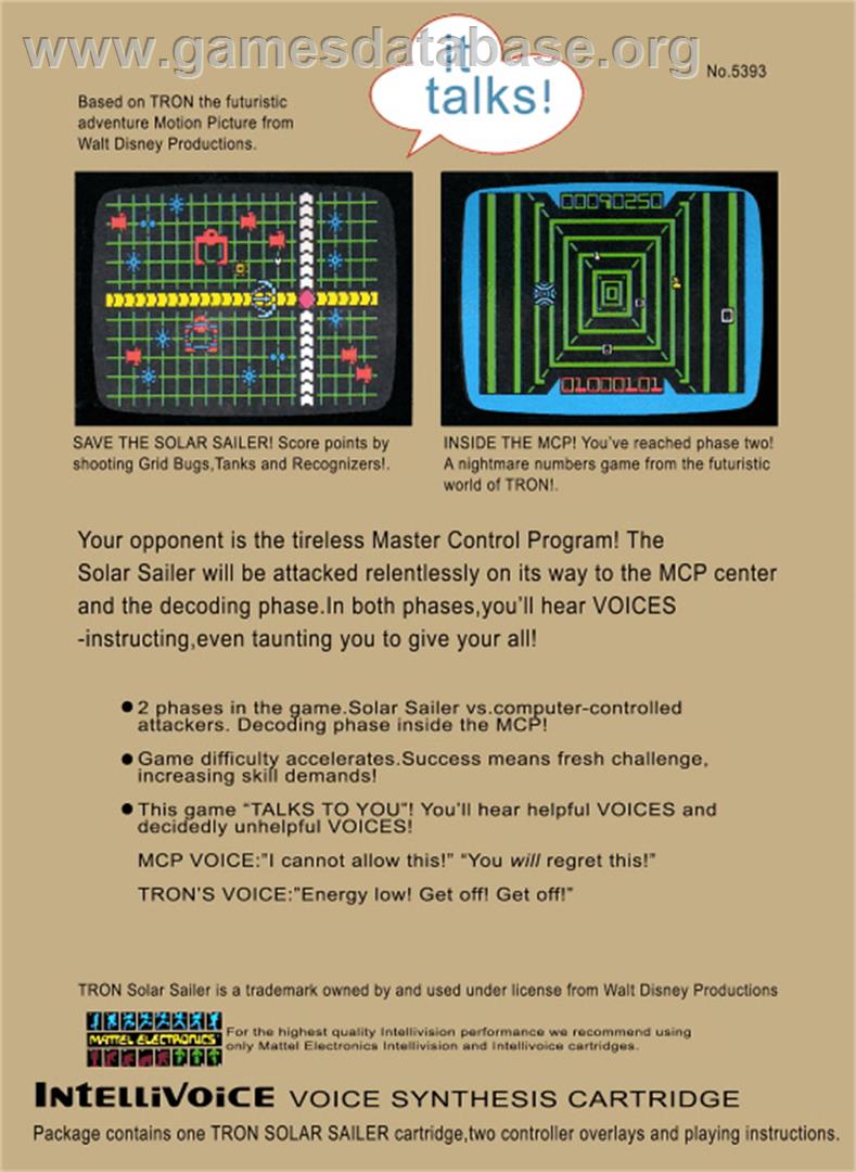 TRON: Solar Sailer - Mattel Intellivision - Artwork - Box Back