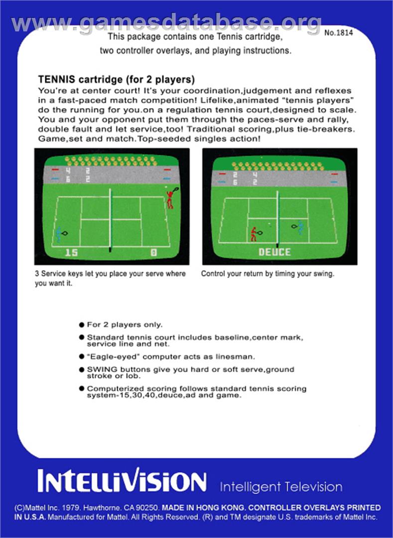 Tennis - Mattel Intellivision - Artwork - Box Back