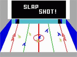 Title screen of Slap Shot: Super Pro Hockey on the Mattel Intellivision.