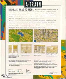 Box back cover for A-Train on the Microsoft DOS.