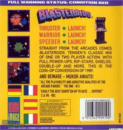 Box back cover for Blasteroids on the Microsoft DOS.
