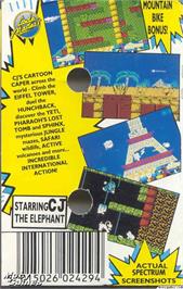 Box back cover for CJ's Elephant Antics on the Microsoft DOS.
