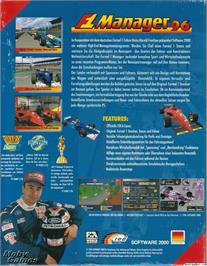 Box back cover for F1 Manager 96 on the Microsoft DOS.