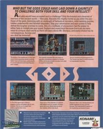 Box back cover for Gods on the Microsoft DOS.