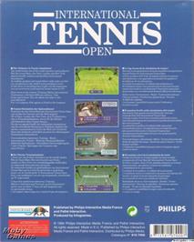 Box back cover for International Tennis Open on the Microsoft DOS.