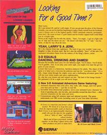 Box back cover for Leisure Suit Larry in the Land of the Lounge Lizards on the Microsoft DOS.