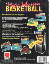 Box back cover for Magic Johnson's Fast Break on the Microsoft DOS.