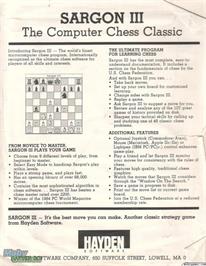 Box back cover for Sargon 3 on the Microsoft DOS.