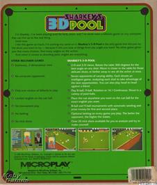 Box back cover for Sharkey's 3D Pool on the Microsoft DOS.