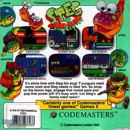 Box back cover for Steg the Slug on the Microsoft DOS.