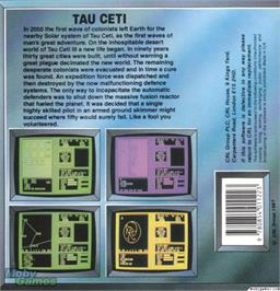 Box back cover for Tau Ceti on the Microsoft DOS.