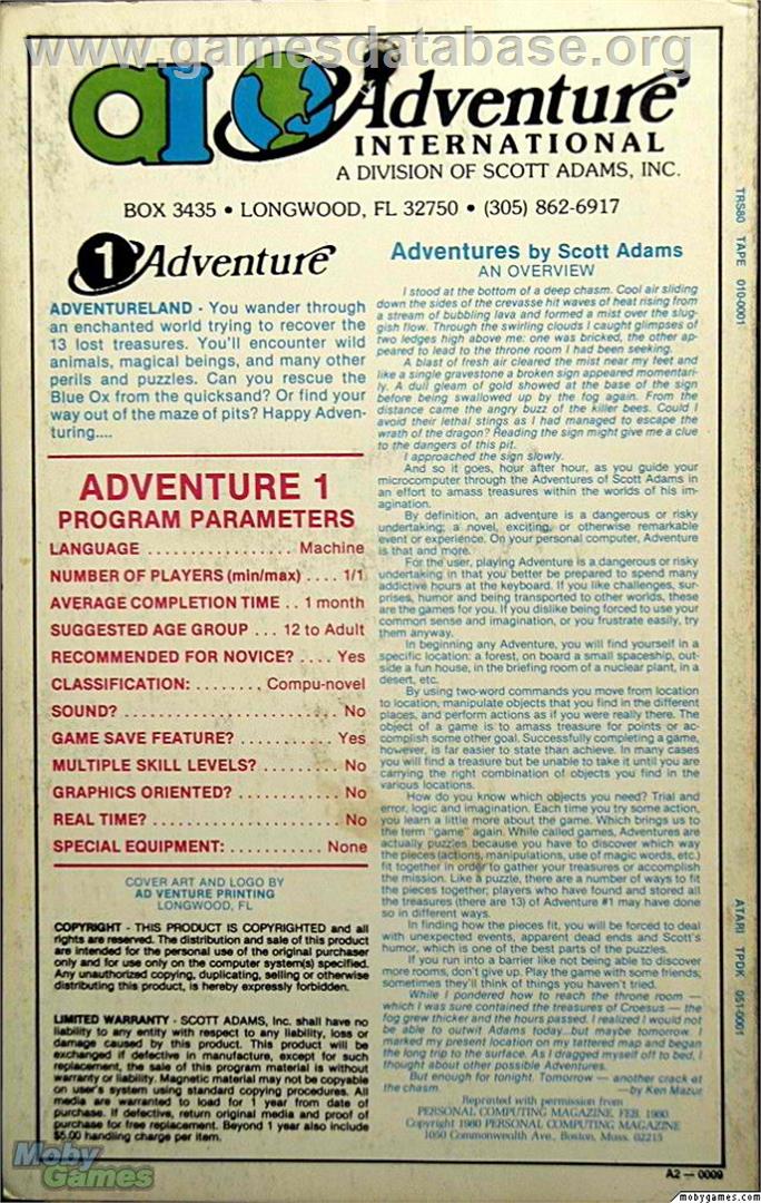 Adventureland - Microsoft DOS - Artwork - Box Back
