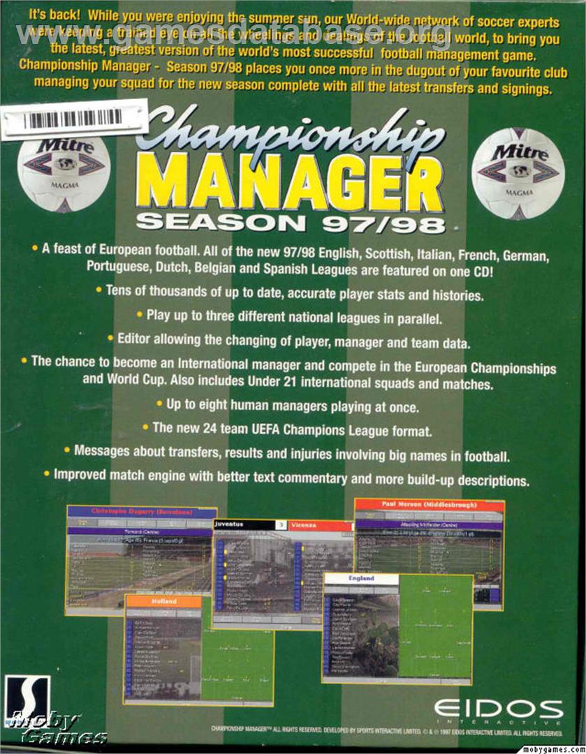 Championship Manager - Season 97/98 - Microsoft DOS - Artwork - Box Back
