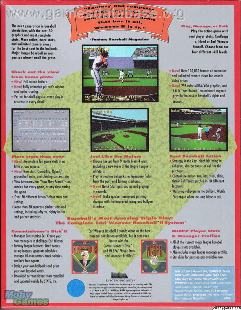 Earl Weaver Baseball 2 - Microsoft DOS - Artwork - Box Back