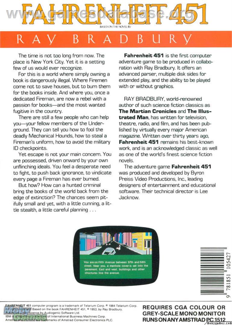 Fahrenheit 451 - Microsoft DOS - Artwork - Box Back