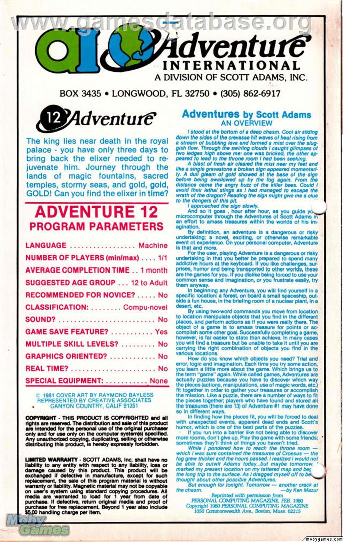 Golden Voyage - Microsoft DOS - Artwork - Box Back