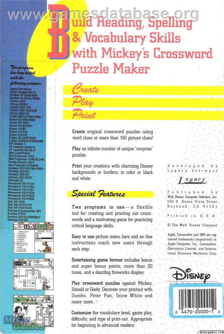Mickey's Crossword Puzzle Maker - Microsoft DOS - Artwork - Box Back