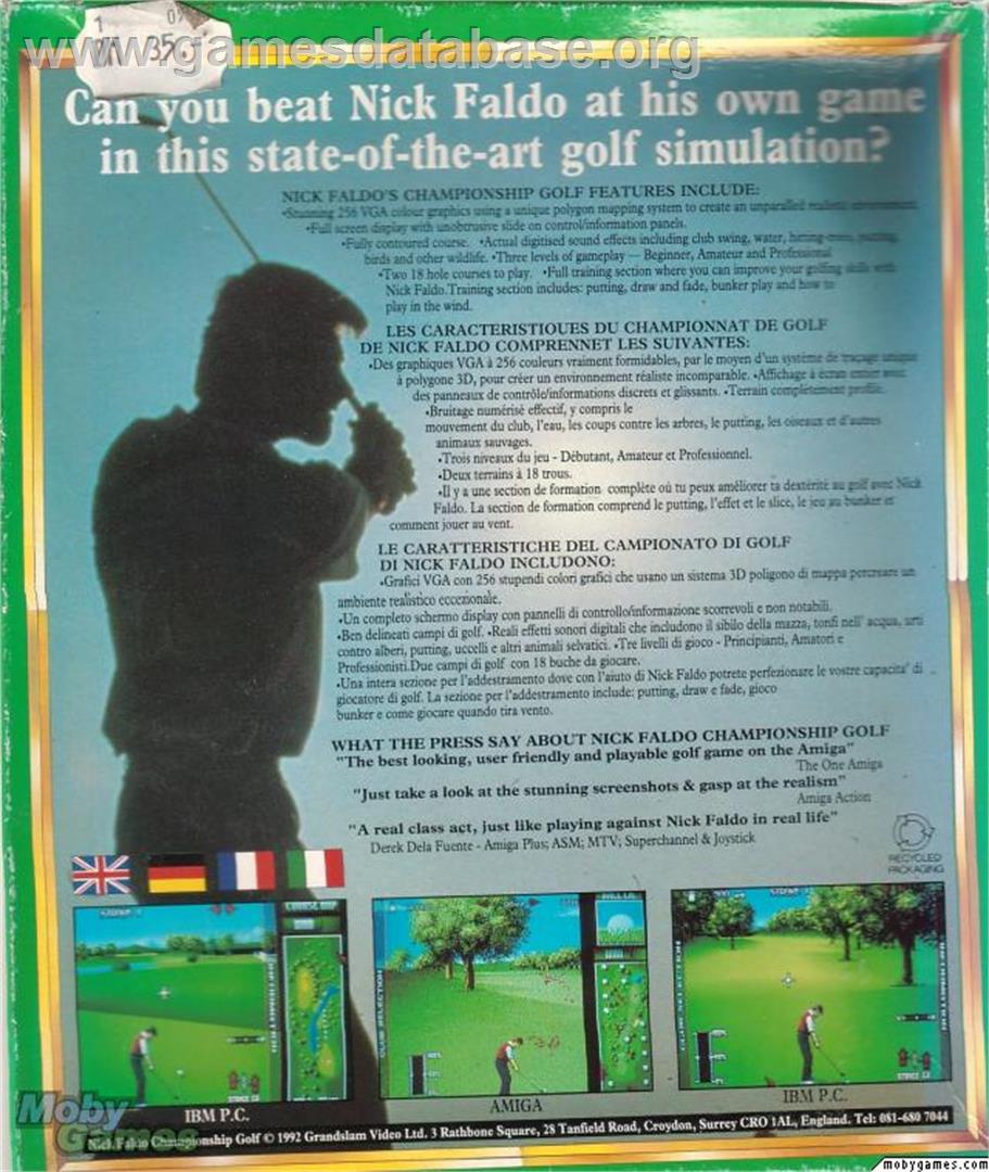 Nick Faldo's Championship Golf - Microsoft DOS - Artwork - Box Back