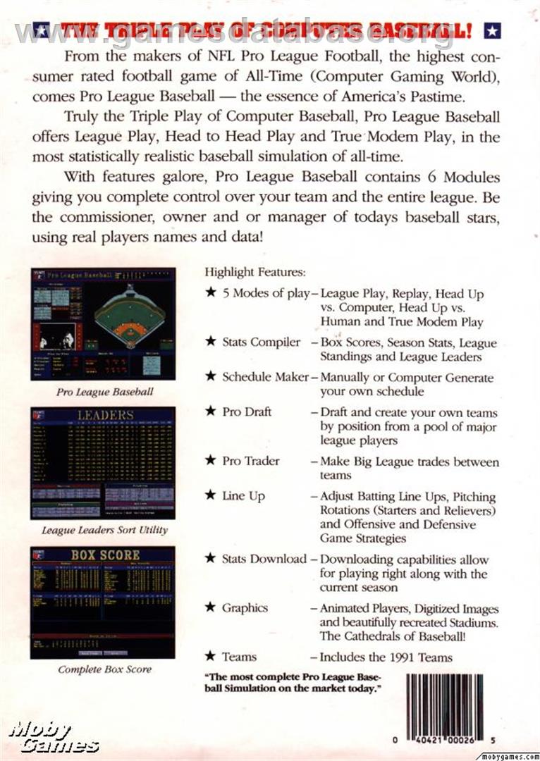 Pro League Baseball - Microsoft DOS - Artwork - Box Back