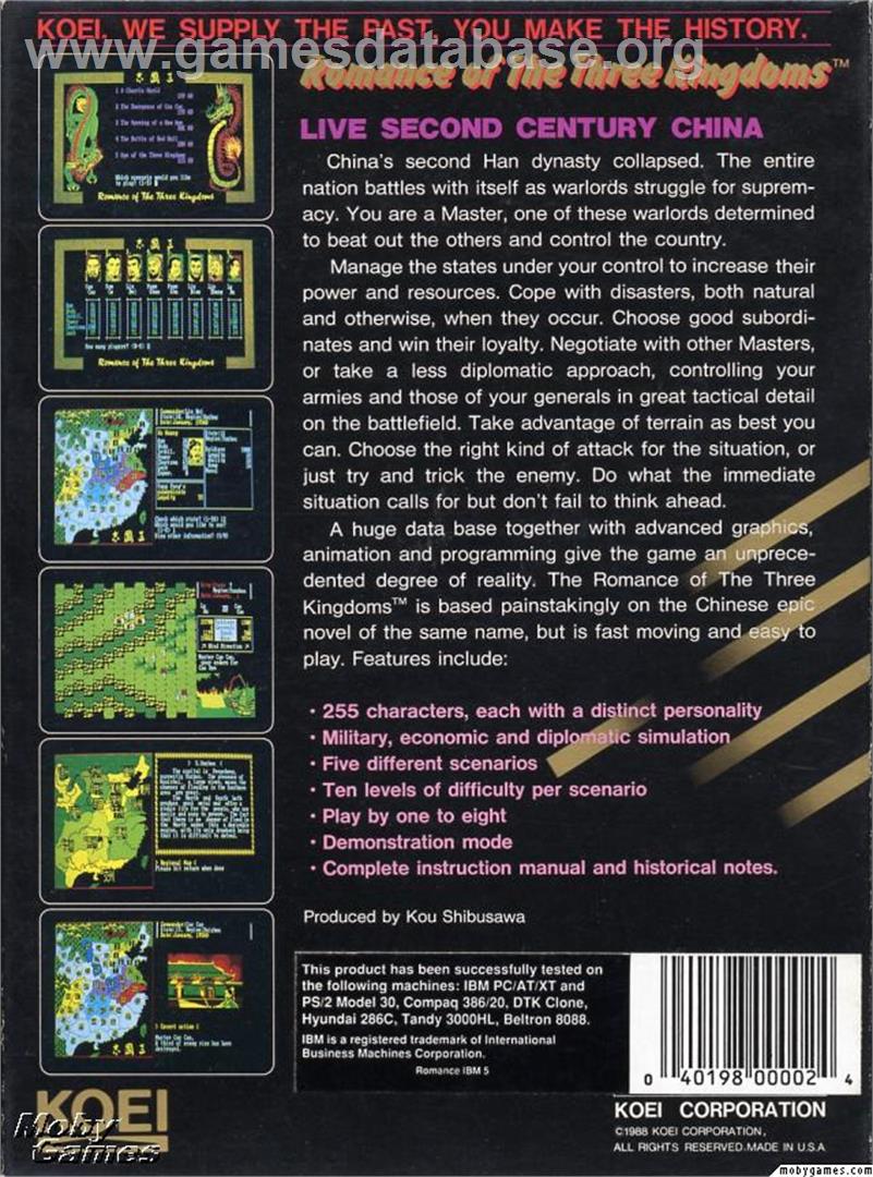 Romance of the Three Kingdoms - Microsoft DOS - Artwork - Box Back