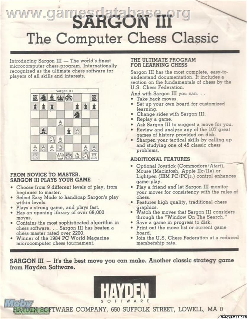 Sargon III - Microsoft DOS - Artwork - Box Back