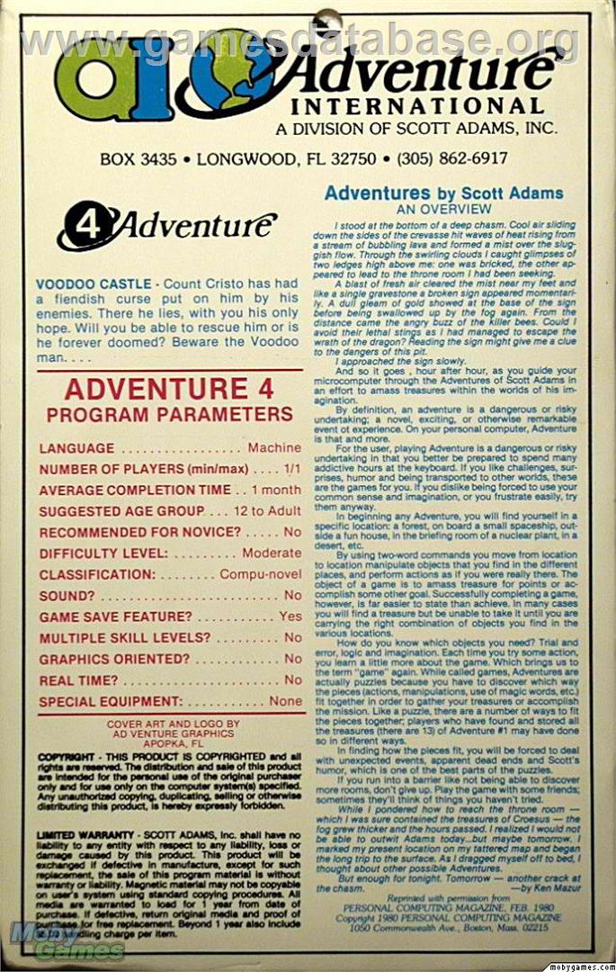 Voodoo Castle - Microsoft DOS - Artwork - Box Back