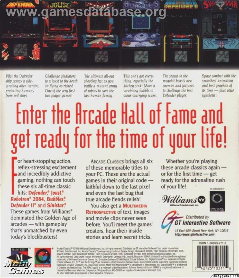 Williams Arcade Classics - Microsoft DOS - Artwork - Box Back