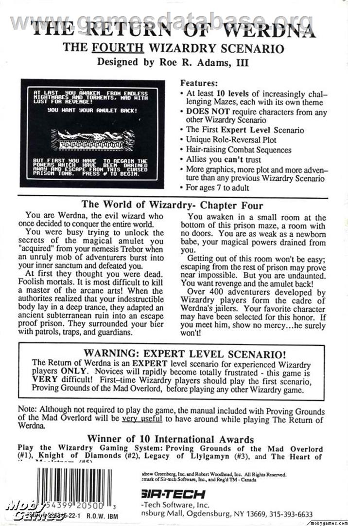 Wizardry - The Return of Werdna - The Fourth Scenario - Microsoft DOS - Artwork - Box Back