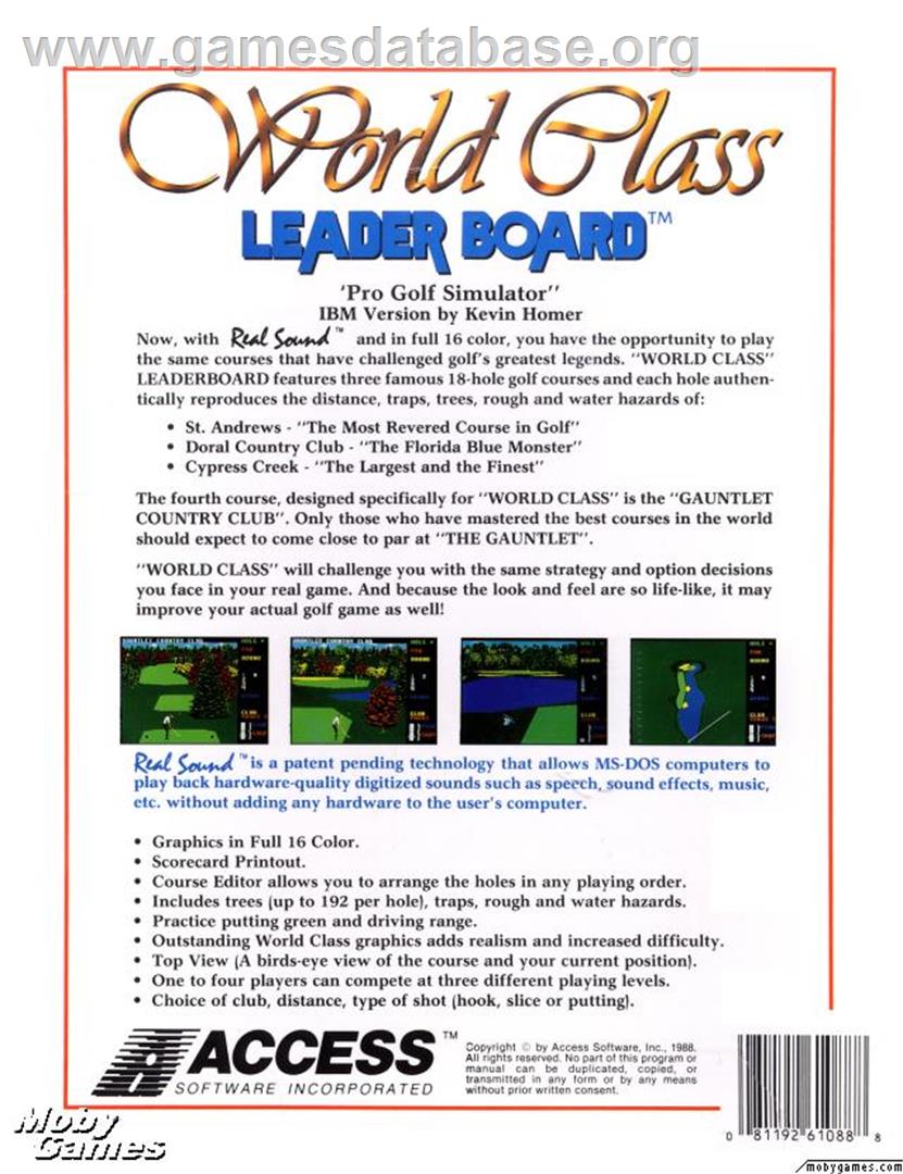 World Class Leader Board - Microsoft DOS - Artwork - Box Back