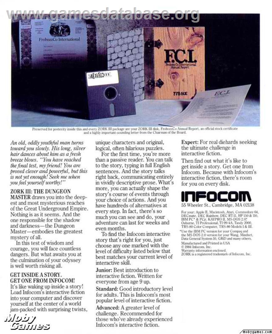 Zork III - The Dungeon Master - Microsoft DOS - Artwork - Box Back