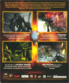 Box back cover for Aliens Versus Predator on the Microsoft Windows.