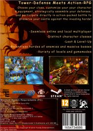 Box back cover for Dungeon Defenders on the Microsoft Windows.