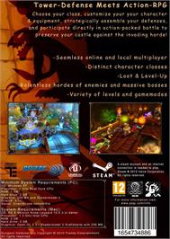 Box back cover for Dungeon Defenders on the Microsoft Windows.