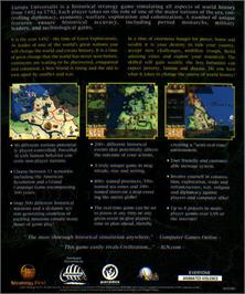 Box back cover for Europa Universalis on the Microsoft Windows.