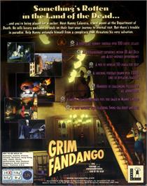 Box back cover for Grim Fandango on the Microsoft Windows.