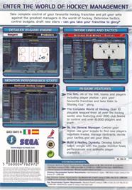 Box back cover for NHL Eastside Hockey Manager on the Microsoft Windows.