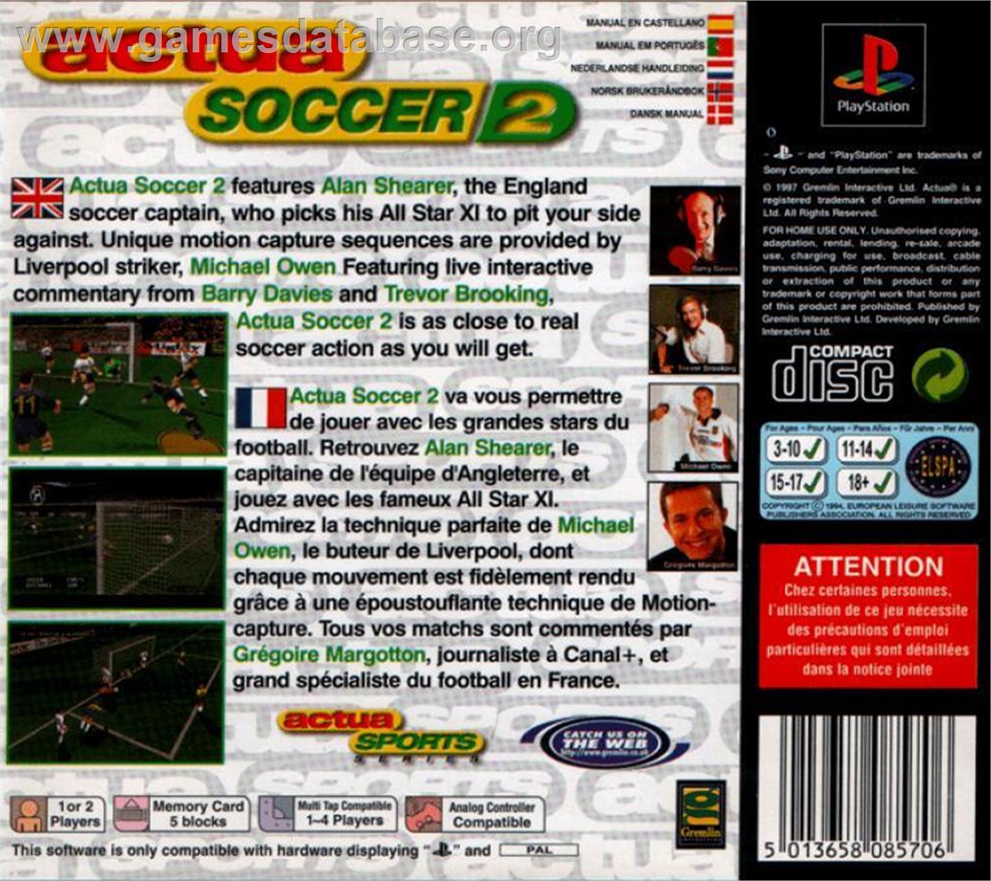 Actua Soccer 2 - Microsoft Windows - Artwork - Box Back