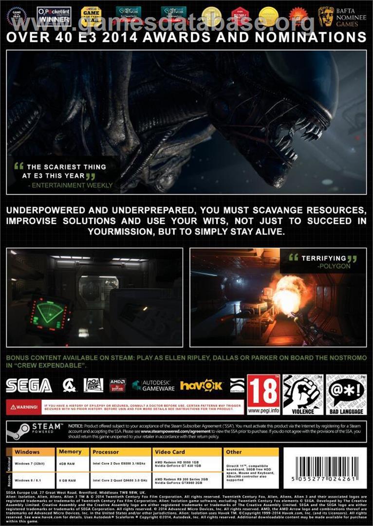 Alien - Isolation - Microsoft Windows - Artwork - Box Back