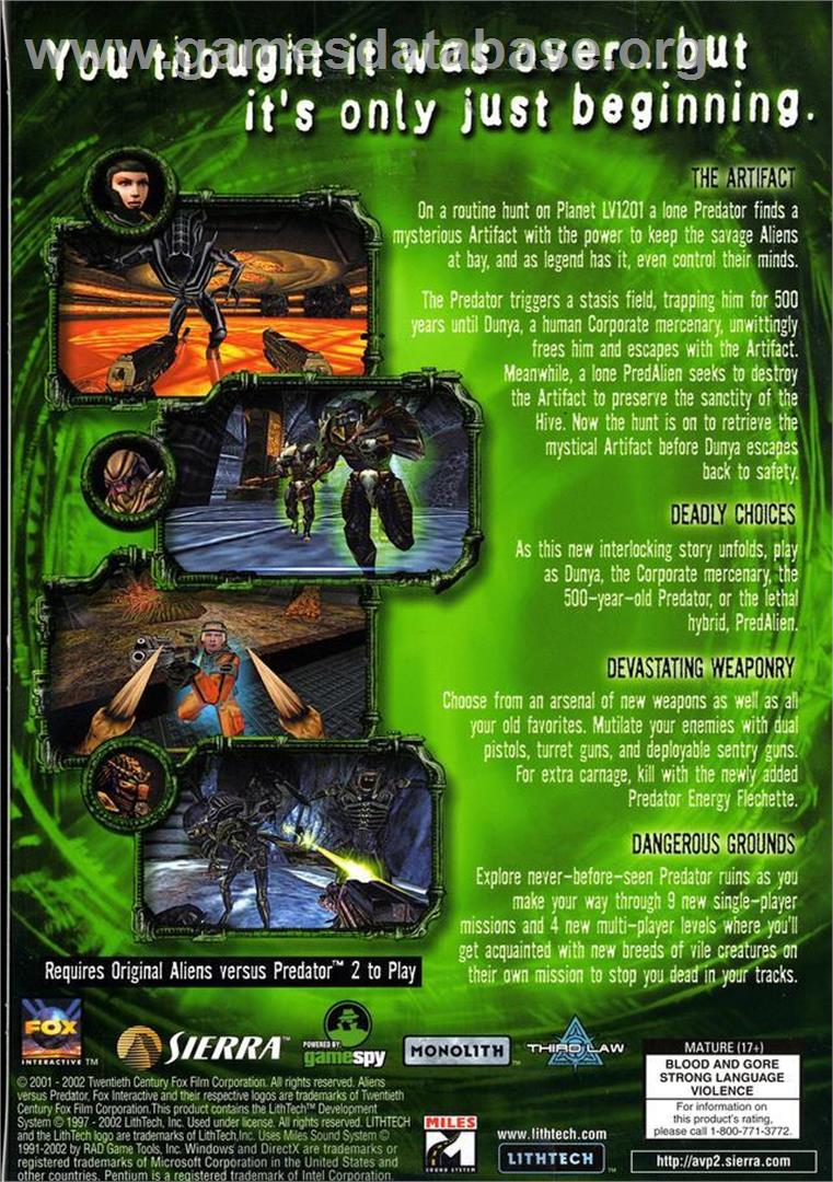 Aliens Versus Predator 2 - Microsoft Windows - Artwork - Box Back