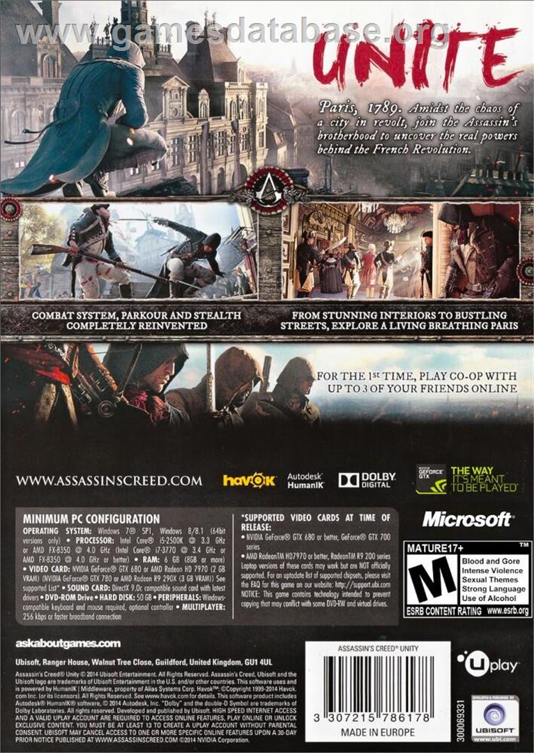 Assassin's Creed - Unity - Microsoft Windows - Artwork - Box Back