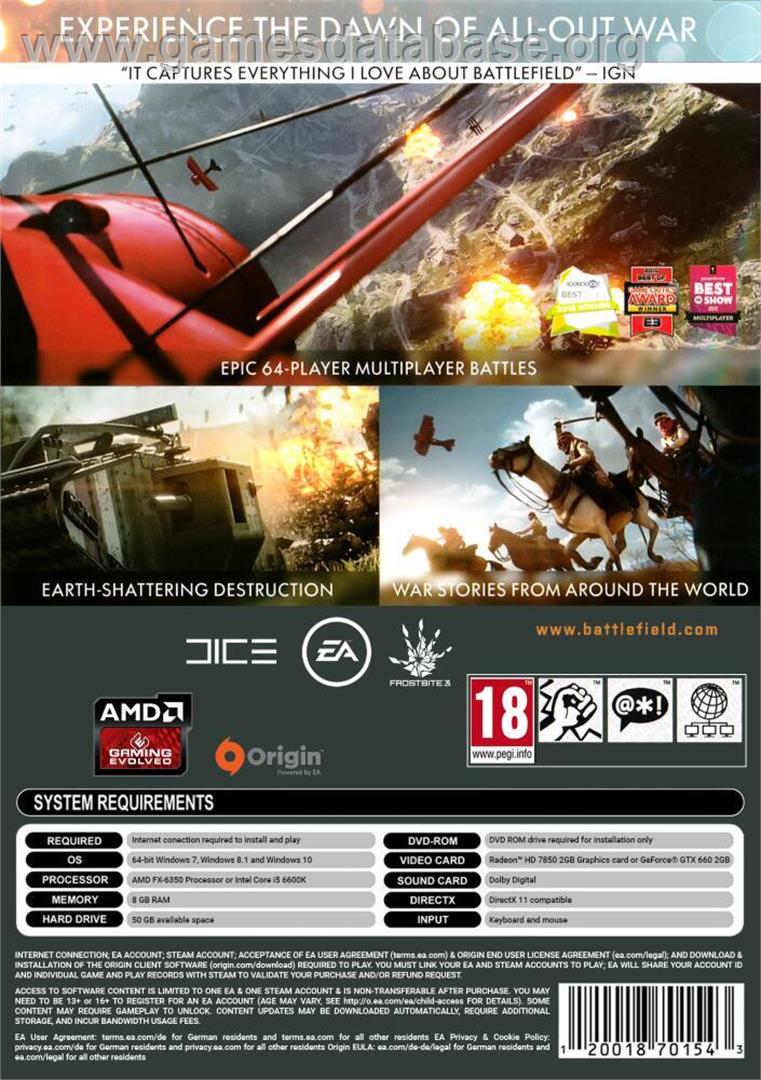 Battlefield 1 - Microsoft Windows - Artwork - Box Back