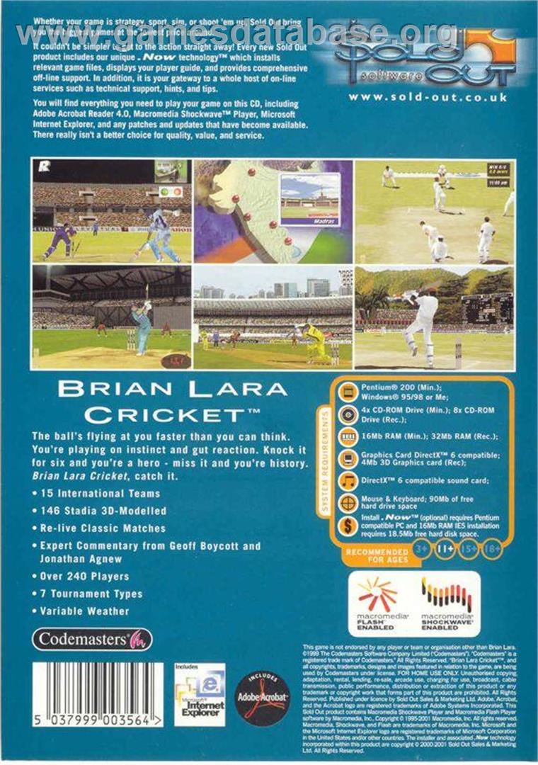 Brian Lara Cricket - Microsoft Windows - Artwork - Box Back